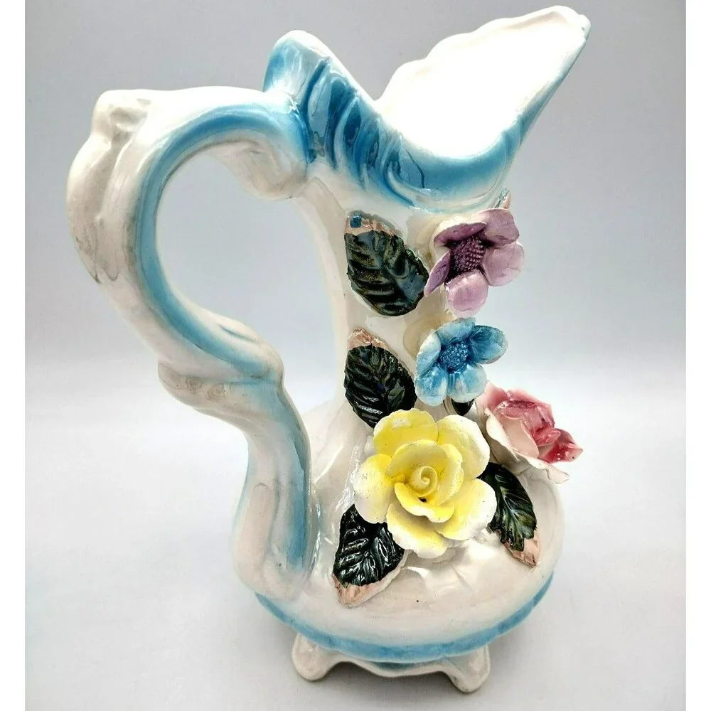 Lusterware Pitcher Vase with Flower Accents and Handle 8 Inches Vintage